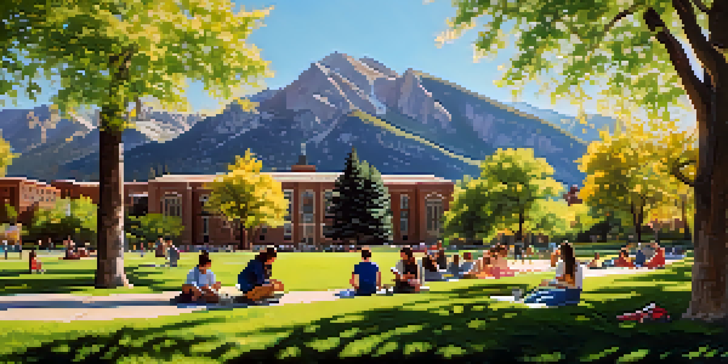 Students studying outdoors on the CU Boulder campus with mountains in the background and blooming flowers around them.