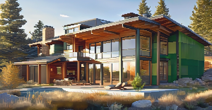 A modern eco-friendly house with solar panels, energy-efficient windows, and a landscaped garden in Boulder, Colorado, under warm sunlight.