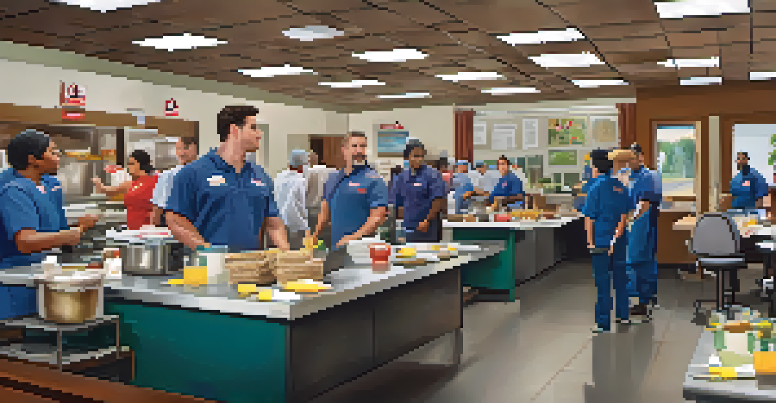 Restaurant staff engaged in emergency response training in a busy kitchen setting.