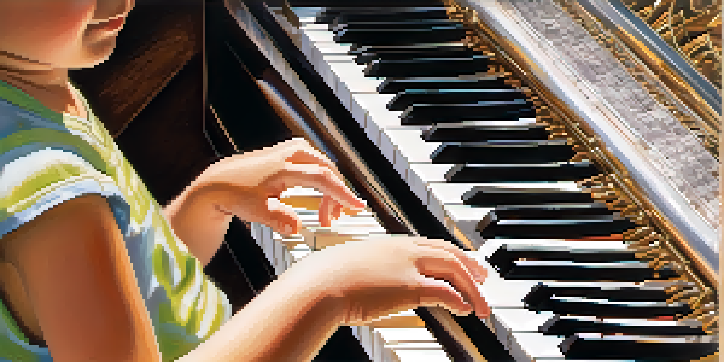 A child's hands playing the piano, with sheet music in the background, illuminated by warm lighting.