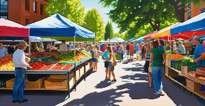 A lively farmers market in Boulder filled with colorful fruits and vegetables, with people interacting and musicians playing.
