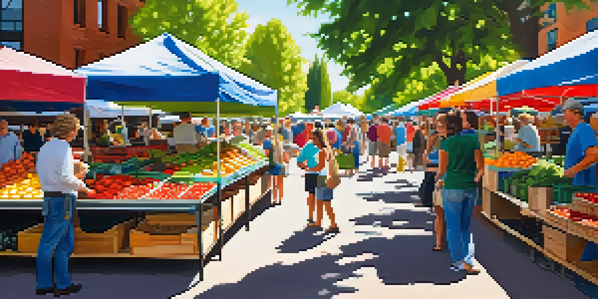 A lively farmers market in Boulder filled with colorful fruits and vegetables, with people interacting and musicians playing.