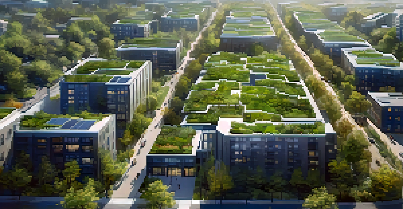 An aerial view of a Boulder neighborhood with green roofs, solar panels, trees, and pedestrian pathways.
