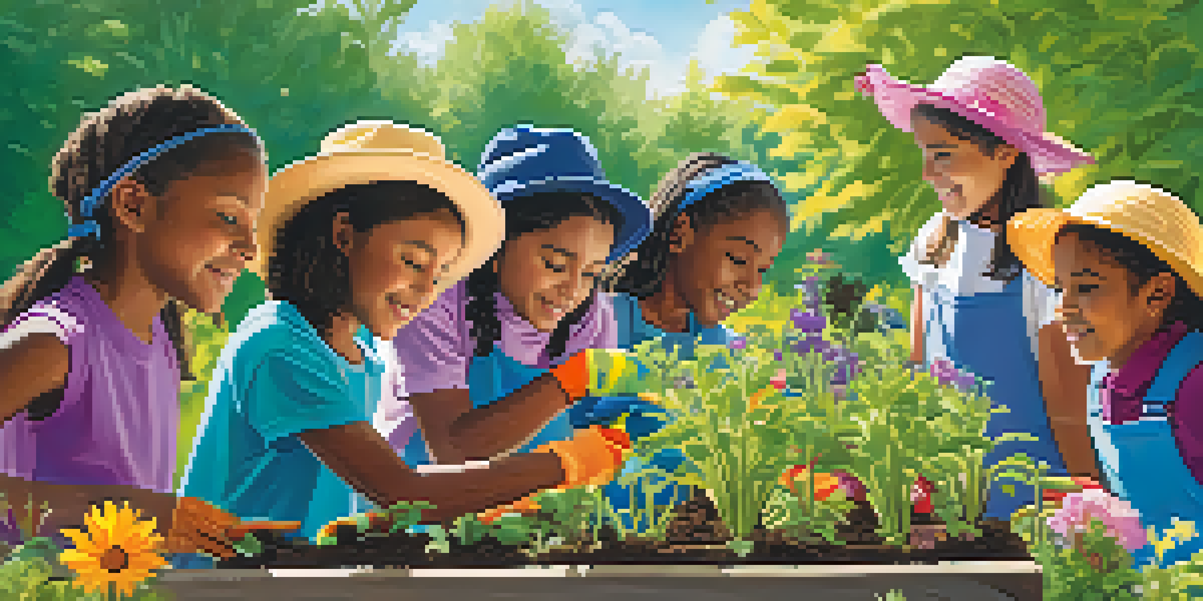 A group of diverse fifth graders planting a garden outdoors, smiling and engaged in their activity under a bright sun.