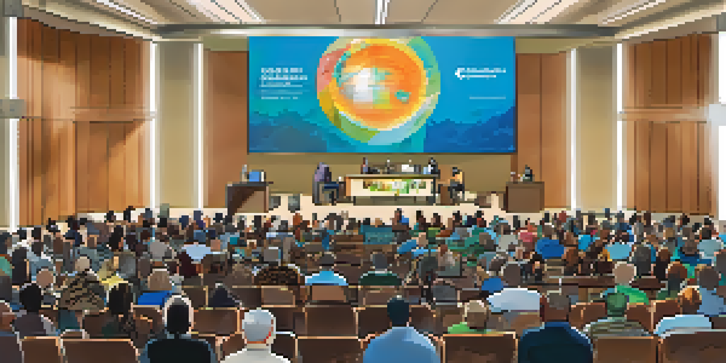 A conference hall filled with attendees at the Boulder Global Health Symposium, with a speaker at the podium and a large screen displaying health advocacy graphics.