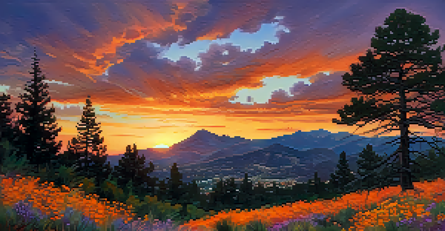 A dramatic sunset view of Mount Sanitas with silhouetted pine trees and colorful sky.