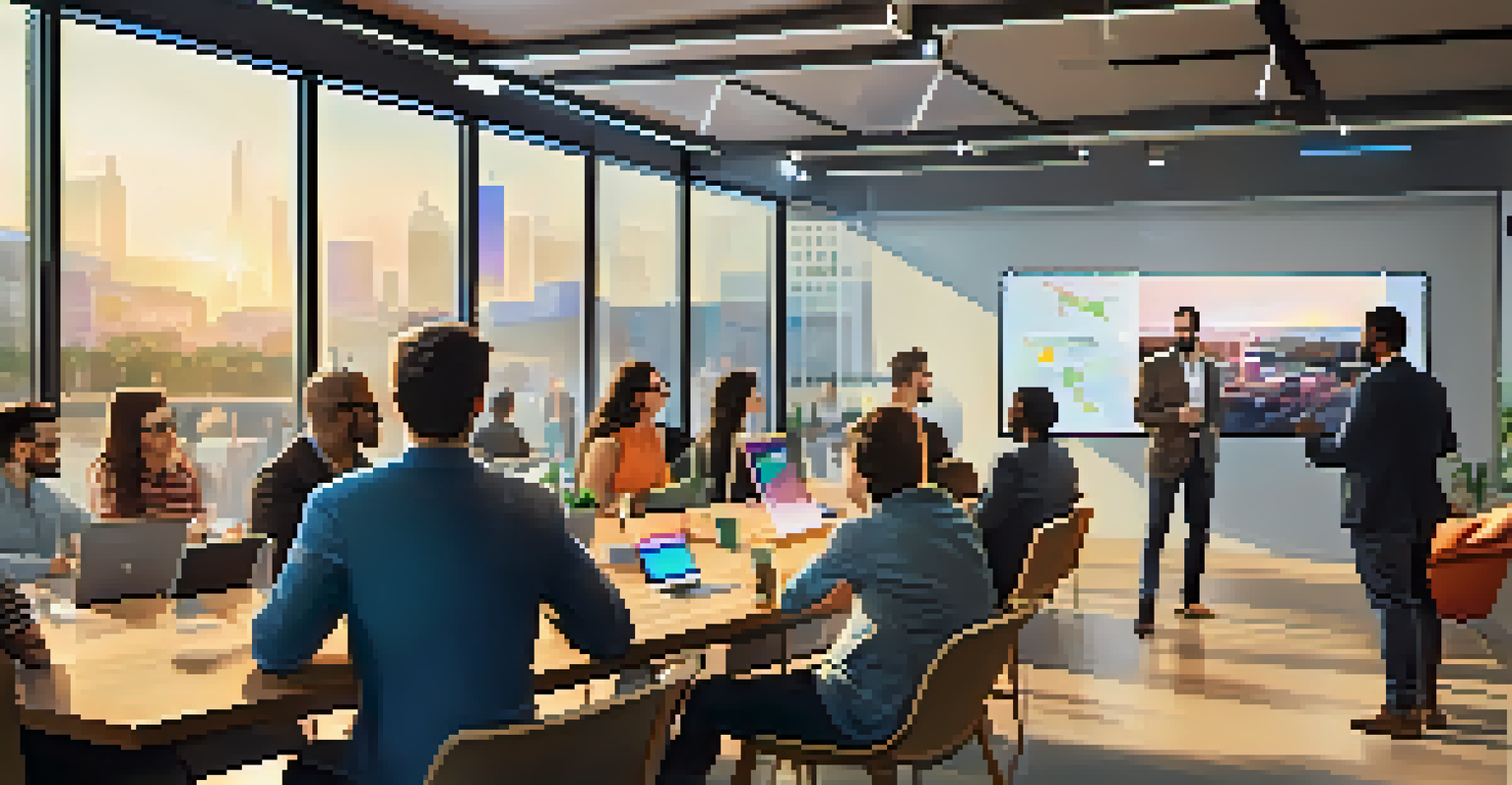 Entrepreneurs engaged in a networking event in a modern coworking space, with a speaker presenting to an attentive audience.