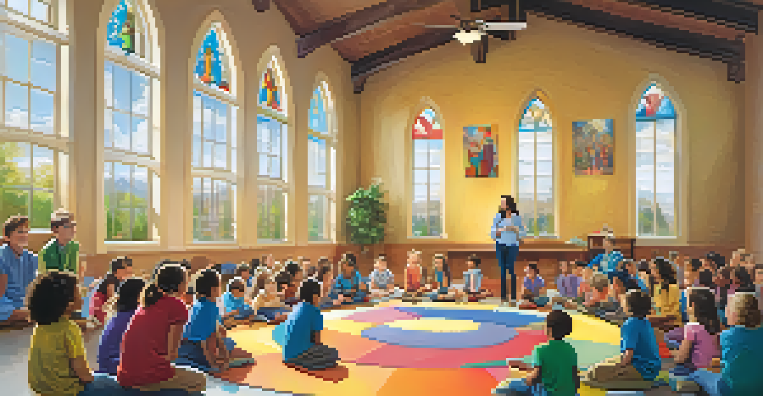 A church educational program with children and adults sitting in a circle discussing biblical stories, colorful artwork on the walls, and a teacher pointing to an illustrated chart.