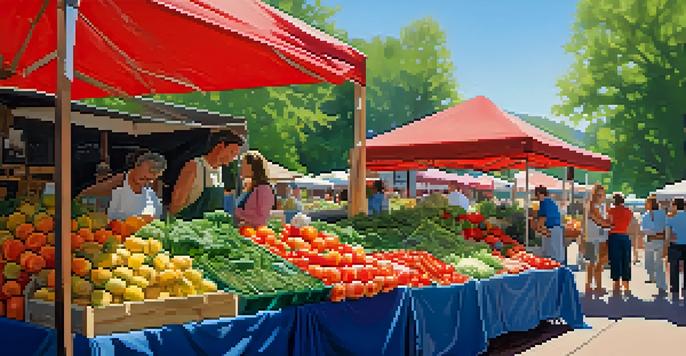 A bustling farmer's market filled with colorful fresh produce and local farmers engaging with customers under a sunny sky.