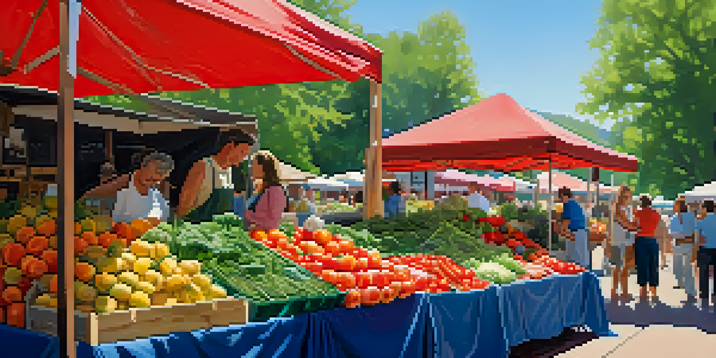 A bustling farmer's market filled with colorful fresh produce and local farmers engaging with customers under a sunny sky.