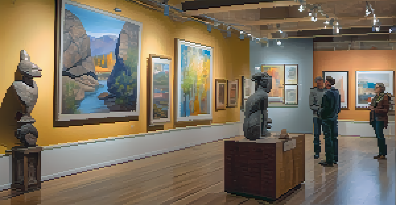 A warm and inviting local gallery in Boulder, showcasing diverse artworks with visitors engaging with the artist.