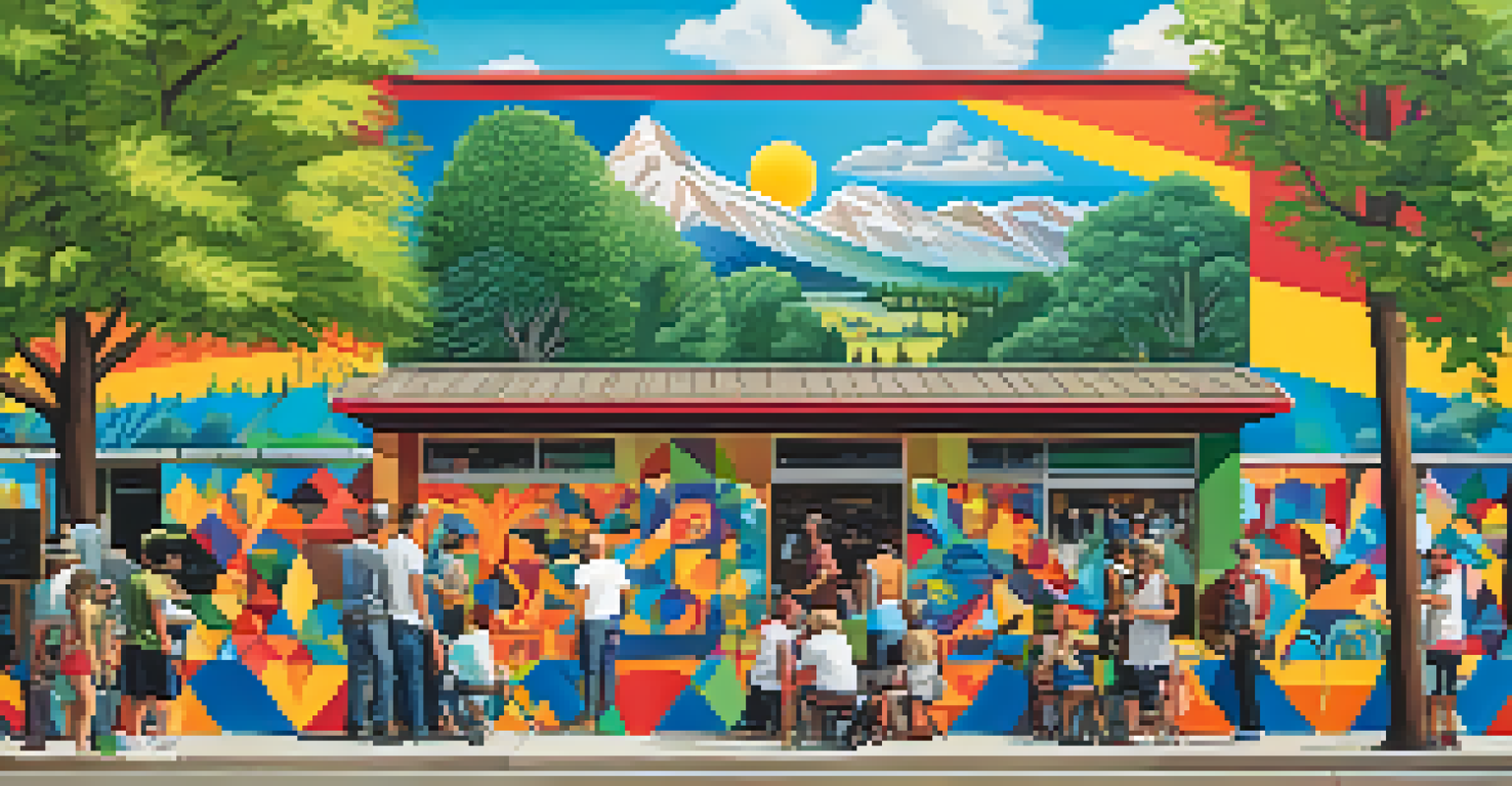 A colorful public mural in Boulder, representing nature and community life, with people admiring it in a vibrant urban setting.