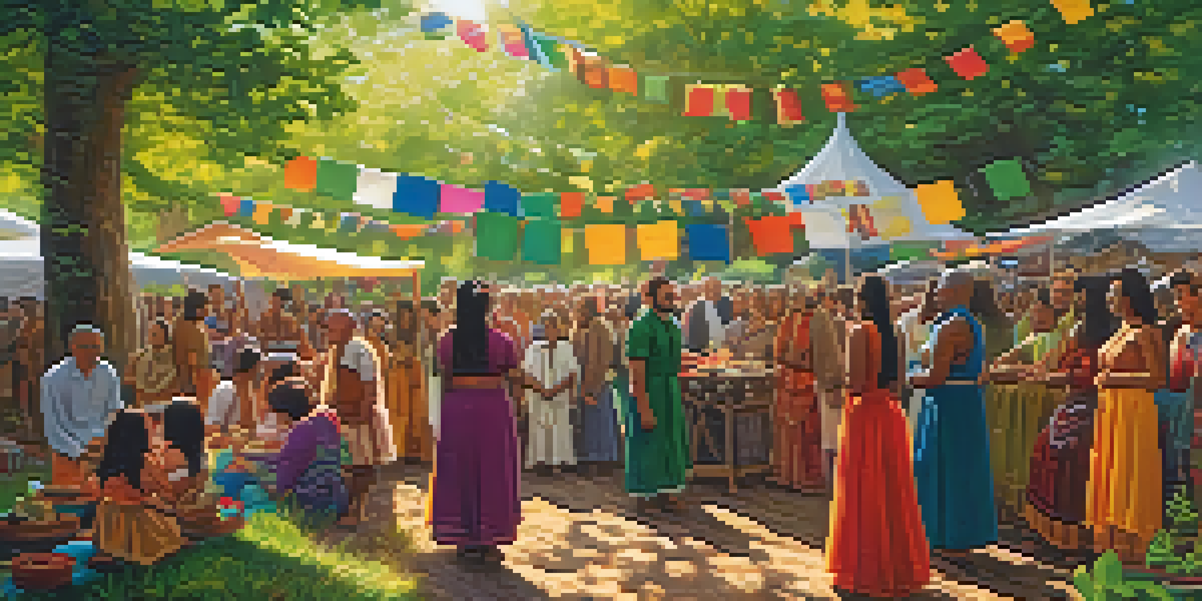 A diverse group of people in traditional clothing celebrating a Pagan festival outdoors, surrounded by nature and colorful decorations.