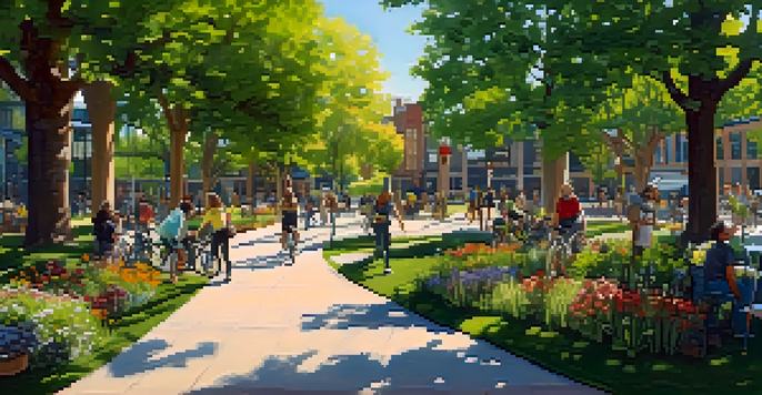 A lively urban park in Boulder with people gardening and cycling surrounded by greenery and flowers under a bright sky.