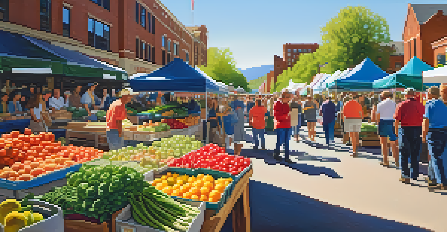 A farmers' market in Boulder with local farmers and fresh produce displayed on wooden tables under sunlight.
