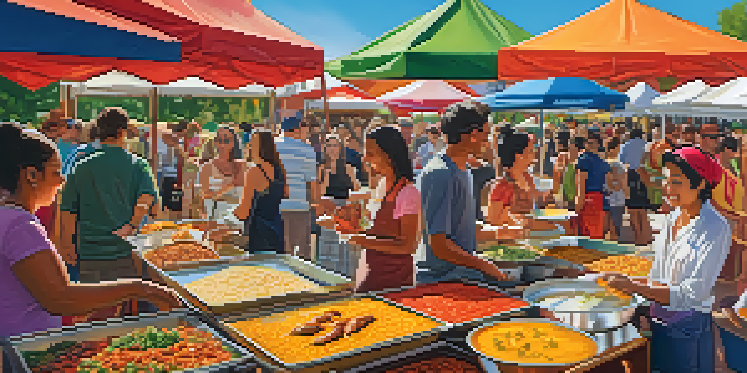 A lively food festival in Boulder with diverse stalls, people sampling international cuisines, and colorful decorations.