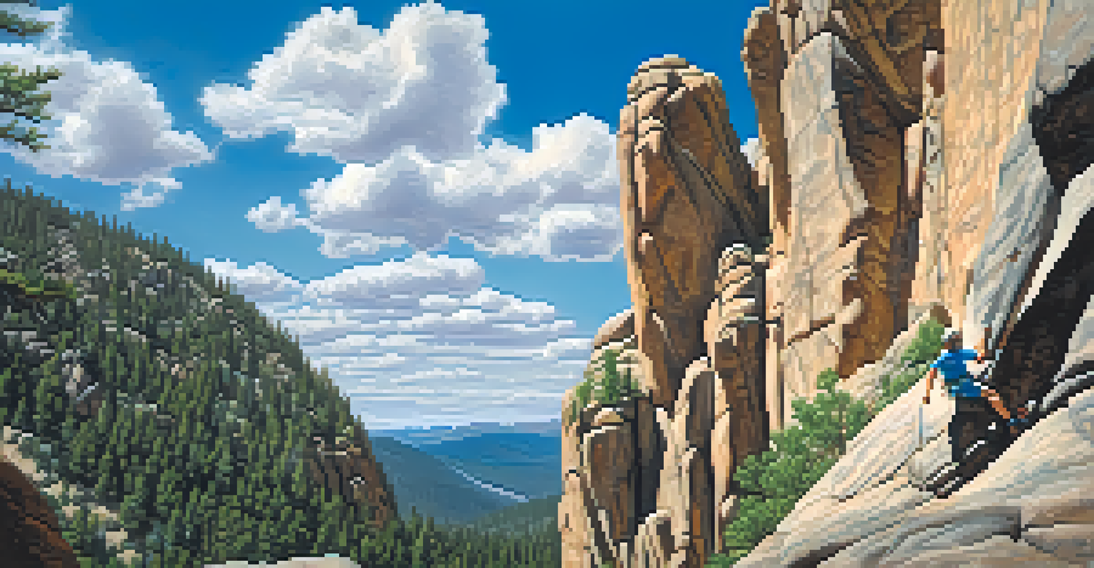 A climber tackling an overhang in Boulder Canyon, surrounded by granite cliffs and bright blue skies.