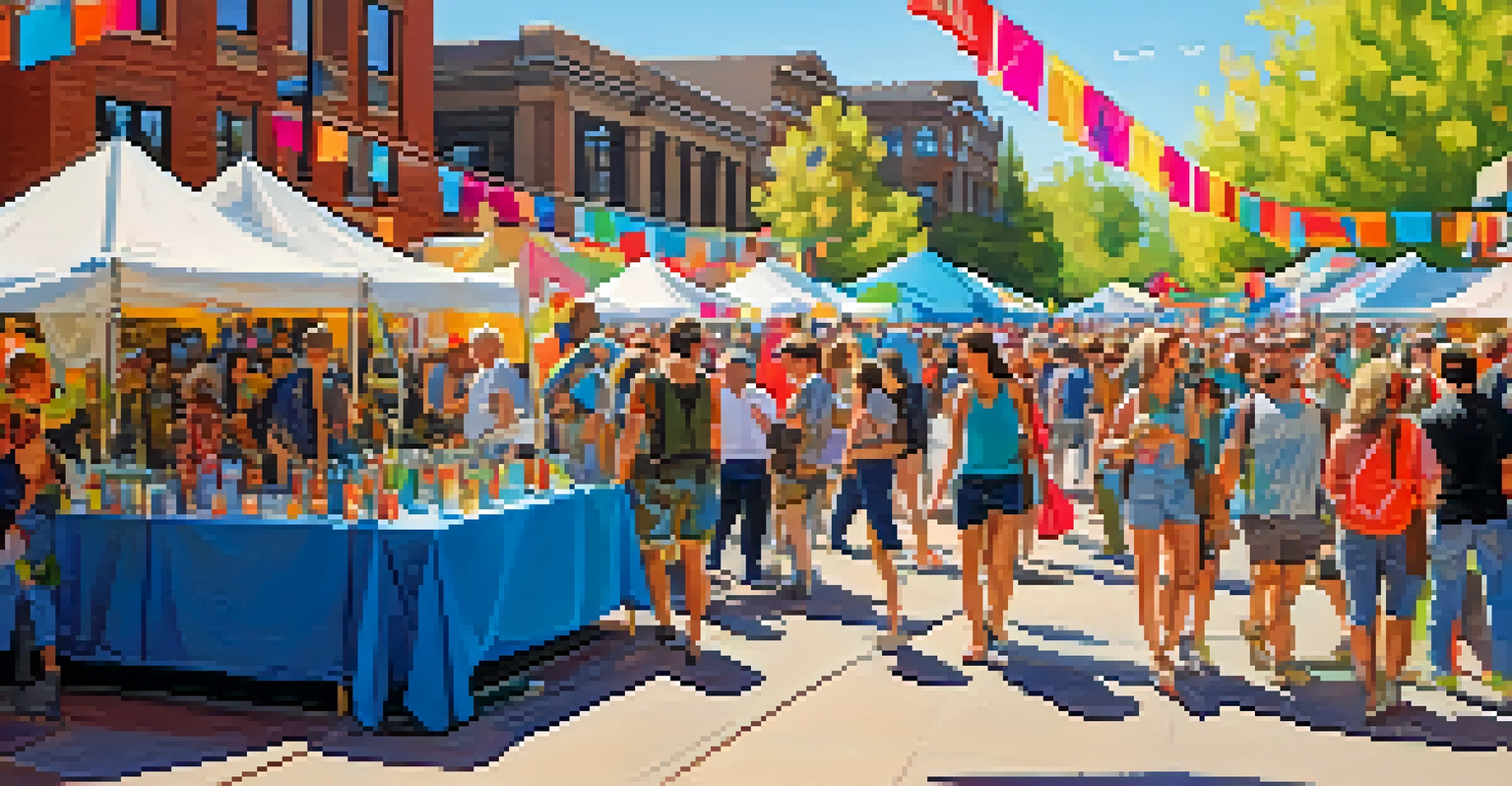 A bustling art festival with artists displaying their work and a diverse crowd enjoying the colorful atmosphere under bright sunlight.