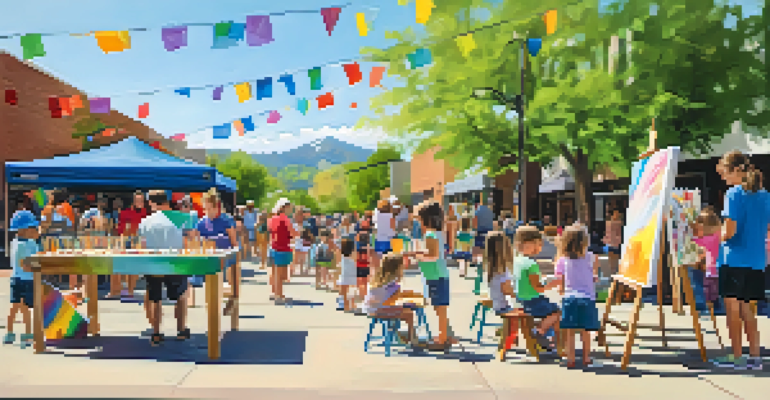 Children engaging with an interactive art station at Boulder’s Art Walk, creating their own artworks with colorful supplies in a sunny outdoor setting.