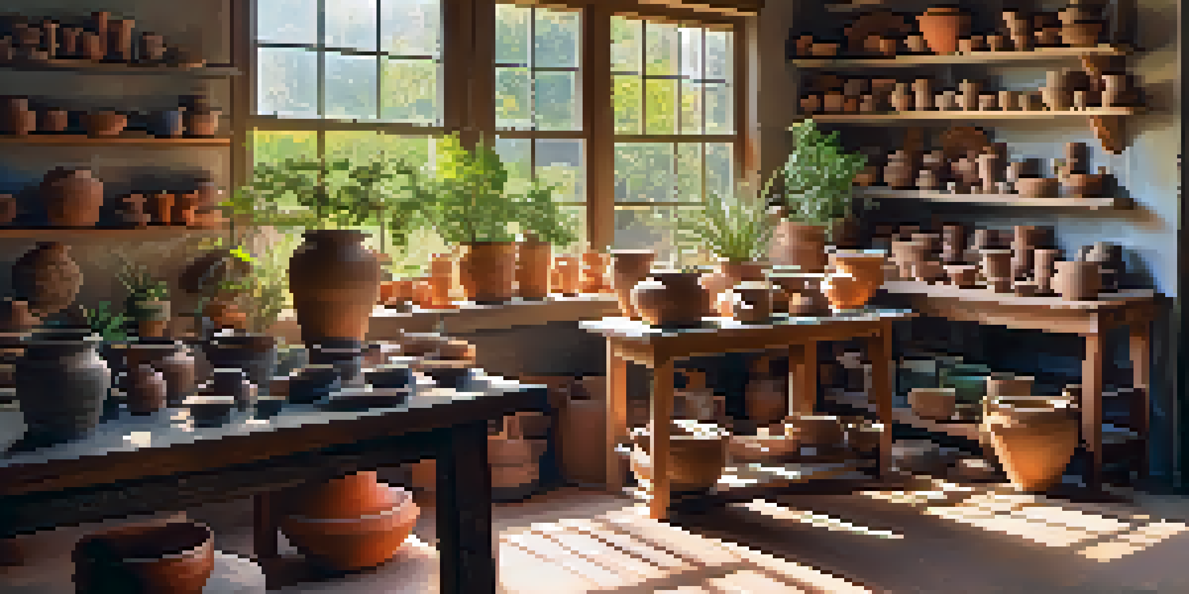 A bright pottery studio with a potter at work, surrounded by colorful ceramics and plants.