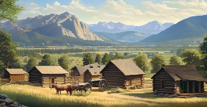 A historical depiction of Boulder, Colorado in the 1860s, featuring log cabins and settlers working in a sunlit mountainous landscape.