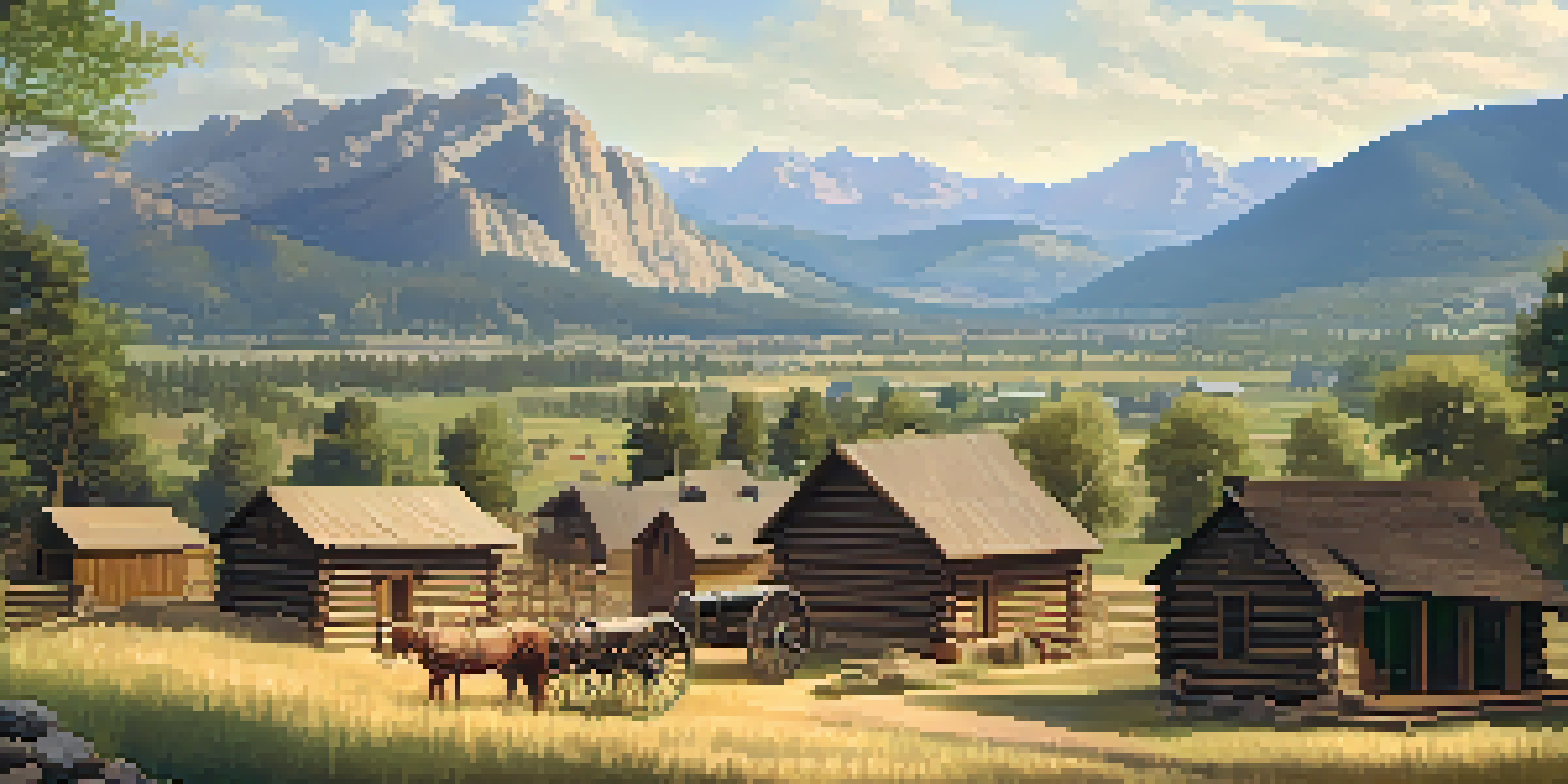 A historical depiction of Boulder, Colorado in the 1860s, featuring log cabins and settlers working in a sunlit mountainous landscape.