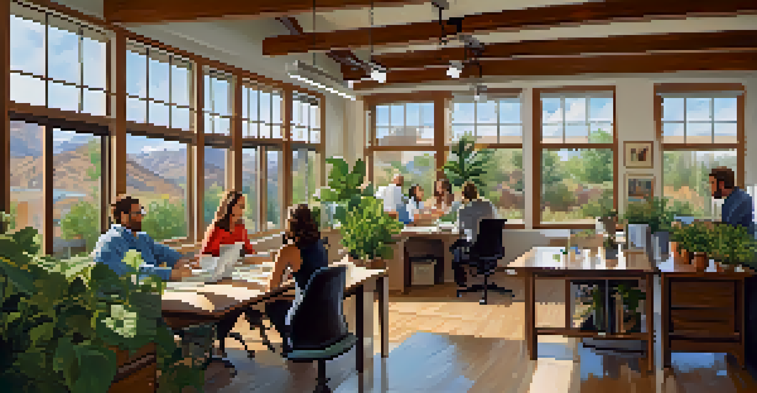 An inviting nonprofit office in Boulder with people collaborating at a large table, natural light from windows, and plants around.