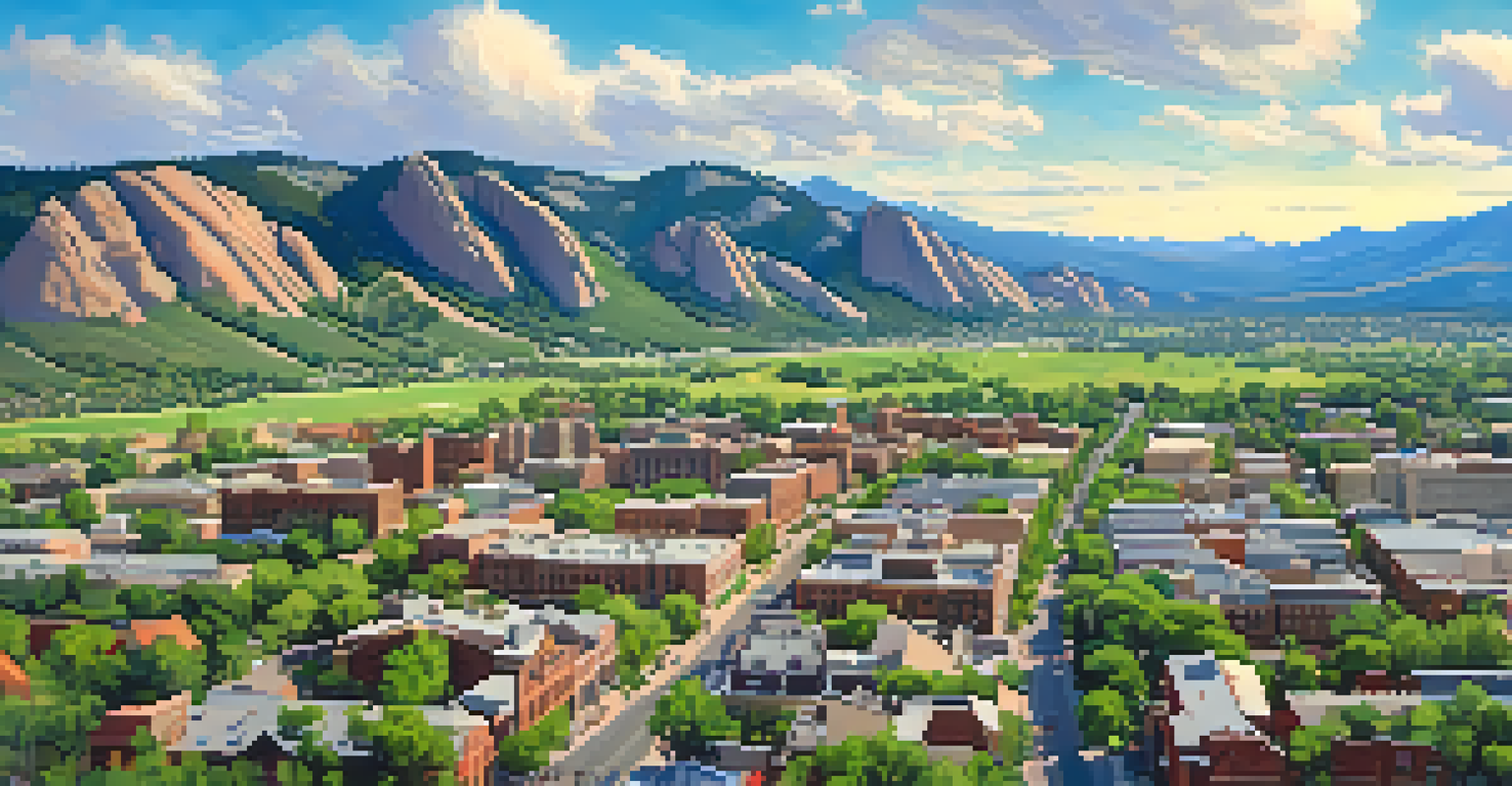 Aerial view of Boulder, showcasing the Flatirons and a blend of historic sites and modern buildings amidst green parks.