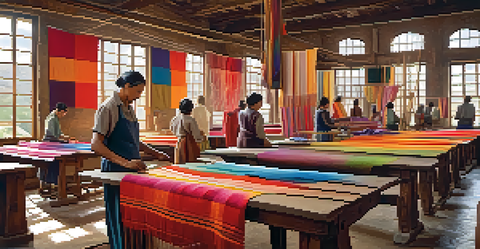Artisans weaving colorful textiles on looms in a bright workshop.