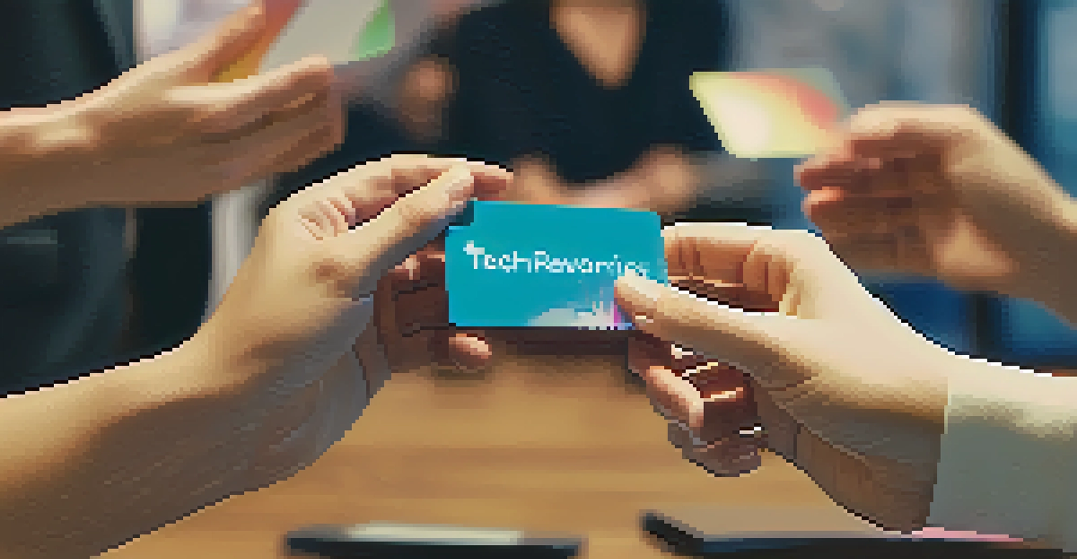 A close-up of individuals exchanging business cards at a tech meetup, with a blurred background of people networking.