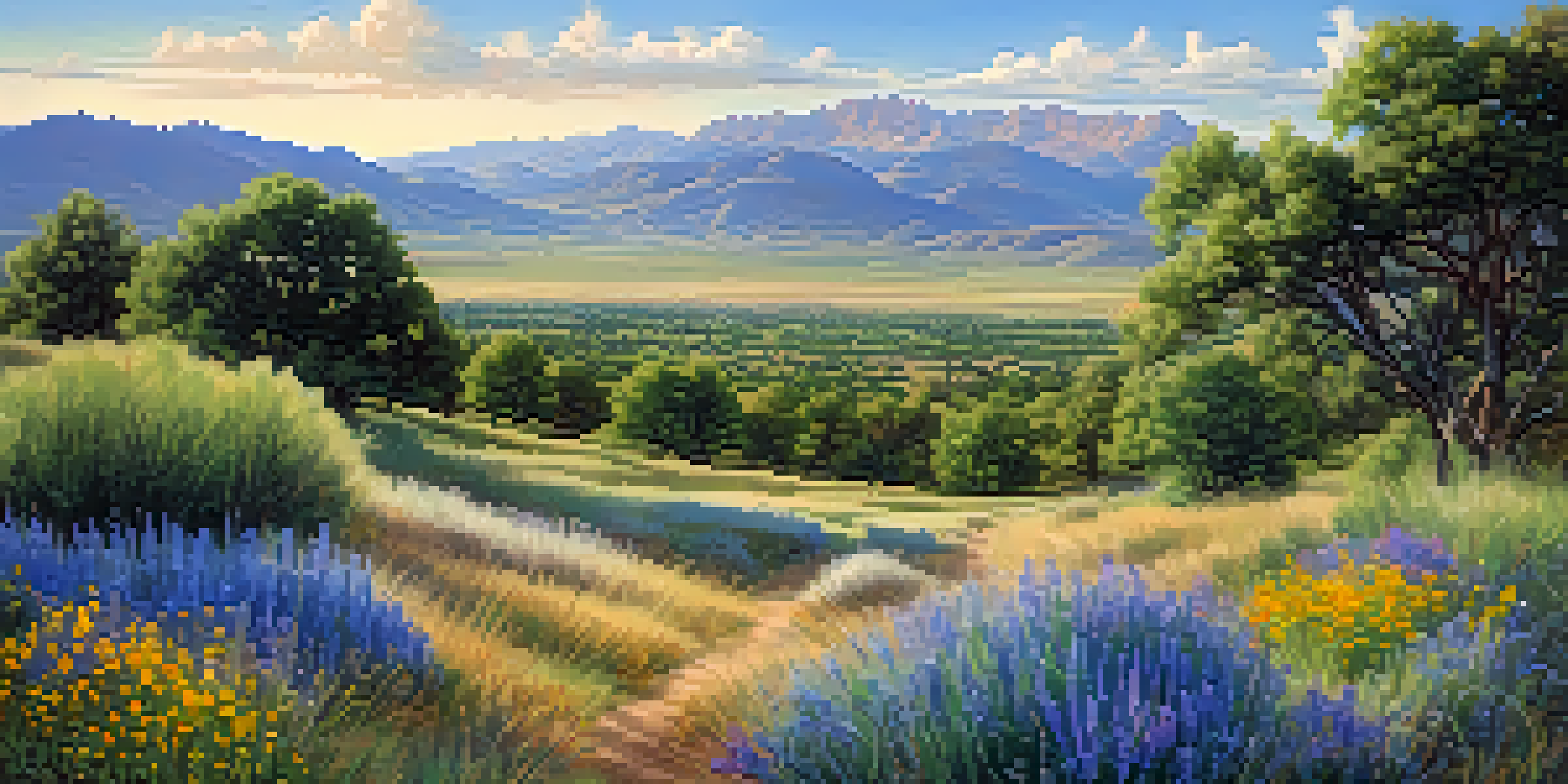 A wide view of Boulder's ecosystems, including wildflowers, trees, and mountains under a sunny sky.