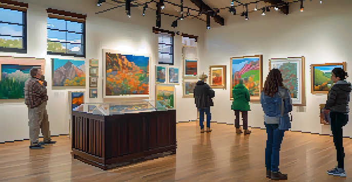 An art gallery filled with colorful paintings and sculptures, with visitors exploring the exhibits under natural light.