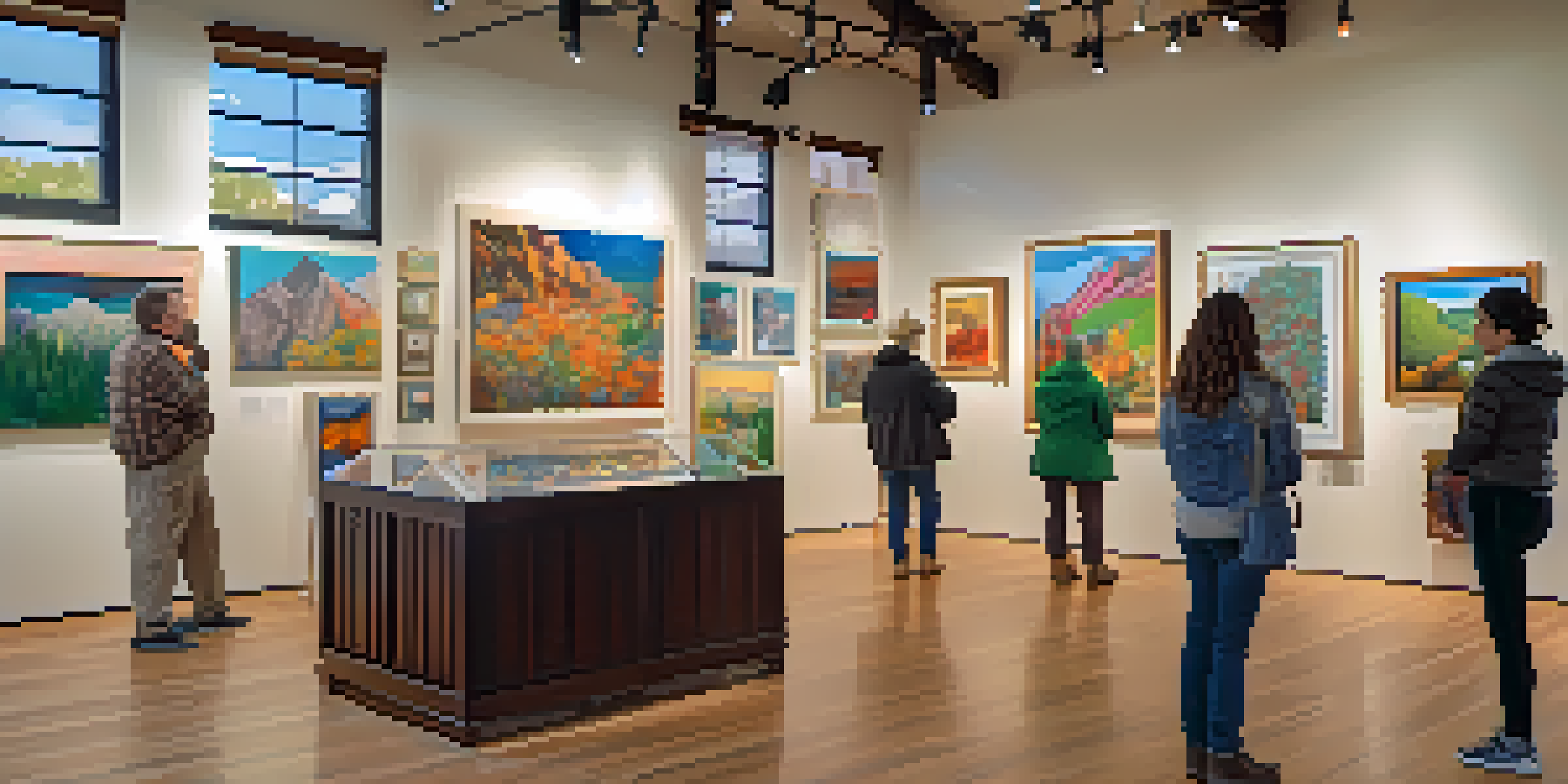 An art gallery filled with colorful paintings and sculptures, with visitors exploring the exhibits under natural light.
