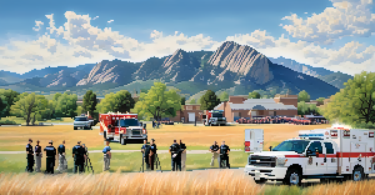 Emergency responders conducting a live-fire training exercise in Boulder, with the Flatirons mountains in the background.