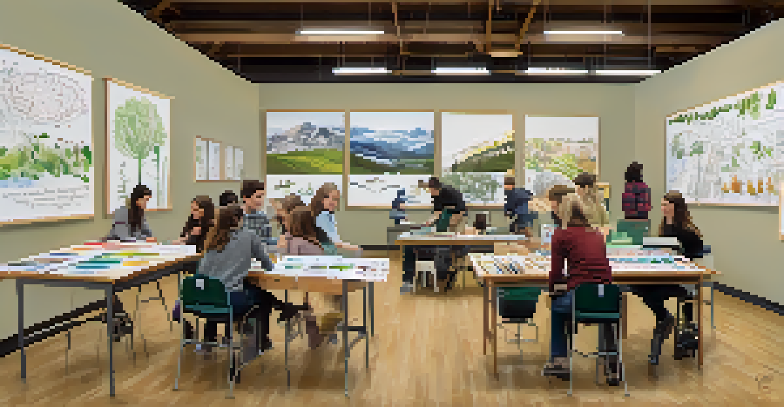 Students participating in an environmental art workshop at a Boulder educational institution, surrounded by art materials and nature-themed artworks.