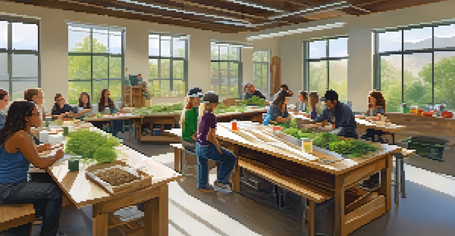 A workshop in Boulder with residents learning about recycling and composting, surrounded by educational materials and plants.