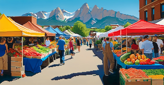 A bustling farmers market in Boulder with colorful stalls of fresh produce and the Flatirons mountains in the background.