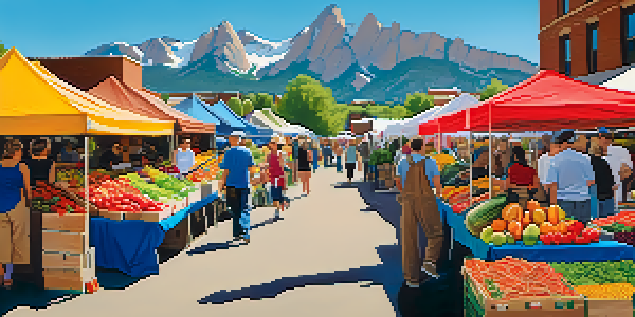 A bustling farmers market in Boulder with colorful stalls of fresh produce and the Flatirons mountains in the background.
