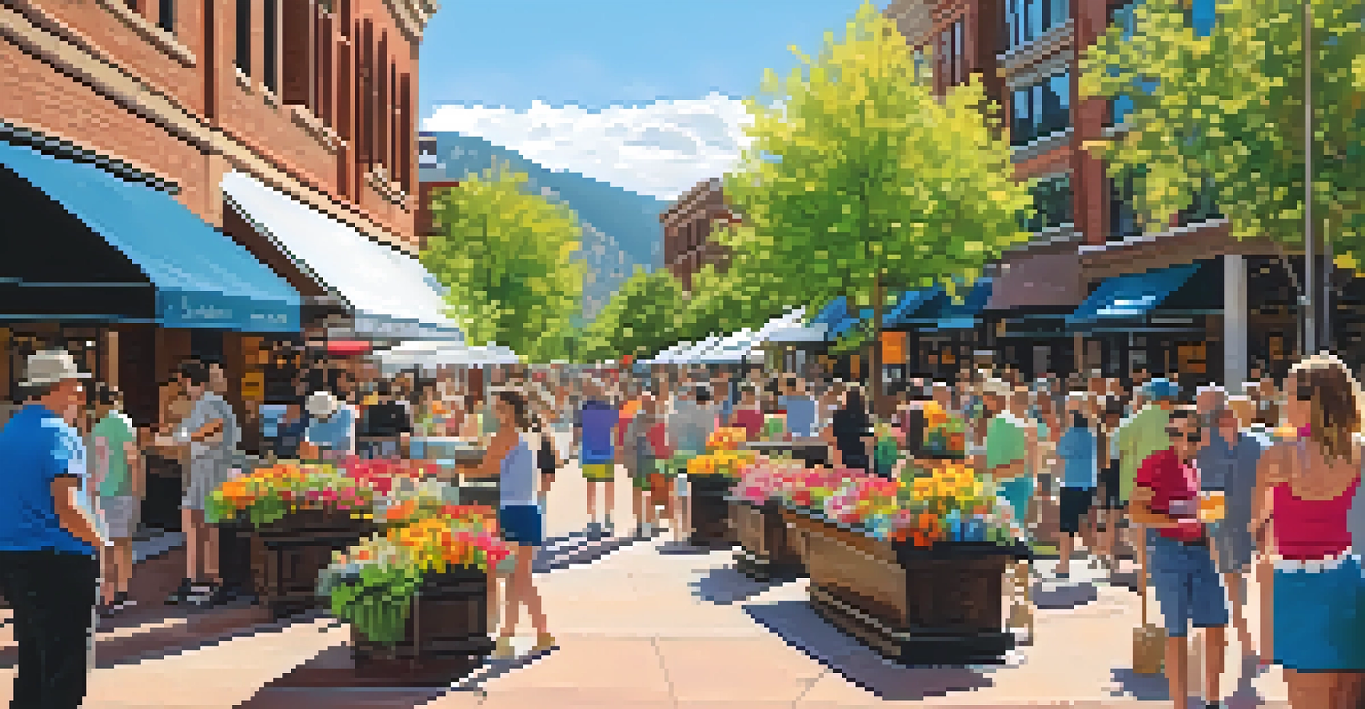 A lively Pearl Street Mall in Boulder with people, shops, and street performers.