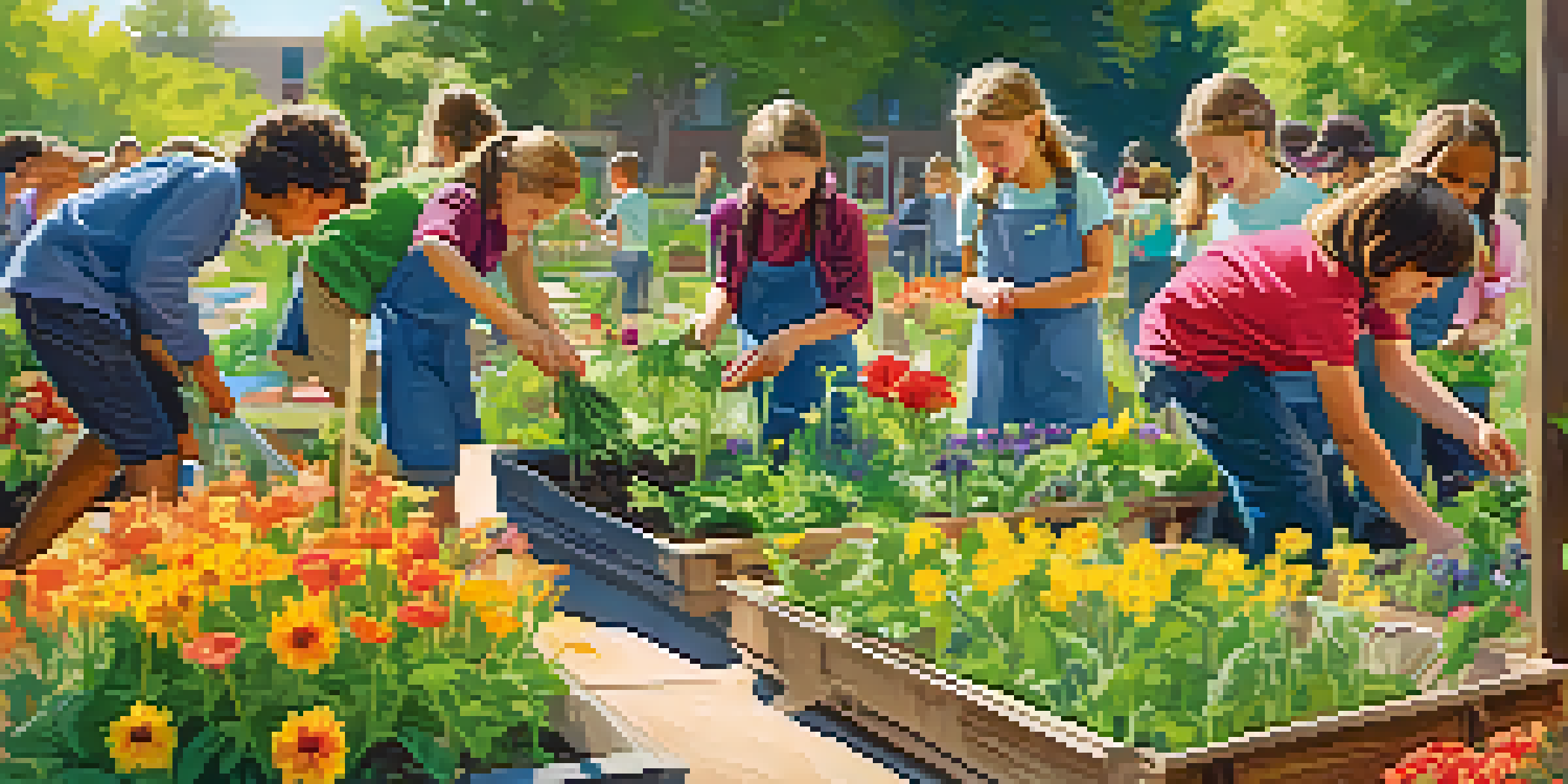 A school garden with students planting and watering plants, surrounded by colorful flowers and vegetables under bright sunlight.
