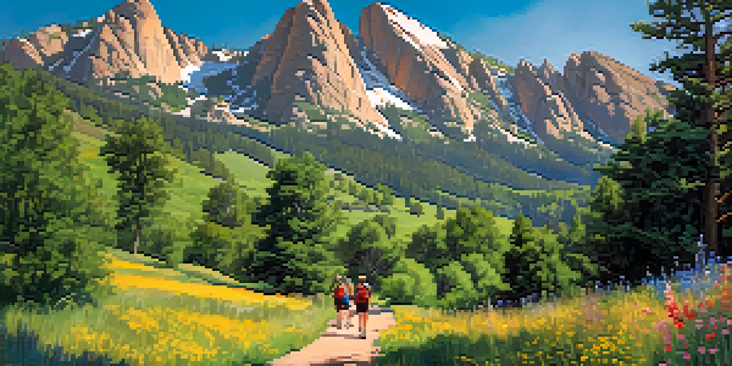 A group of diverse hikers enjoying a sunny day on a trail in Boulder, Colorado, with mountains and wildflowers around them.