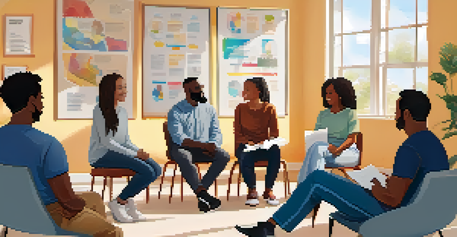 A diverse group of individuals in a support group session, sharing experiences and showing empathy in a bright room.
