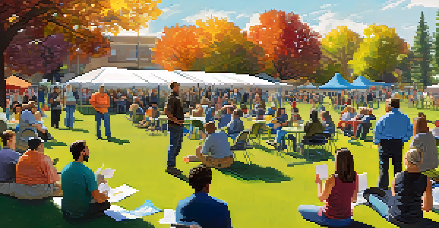 Residents of Boulder participating in a disaster preparedness workshop in a park, with speakers and informational displays.