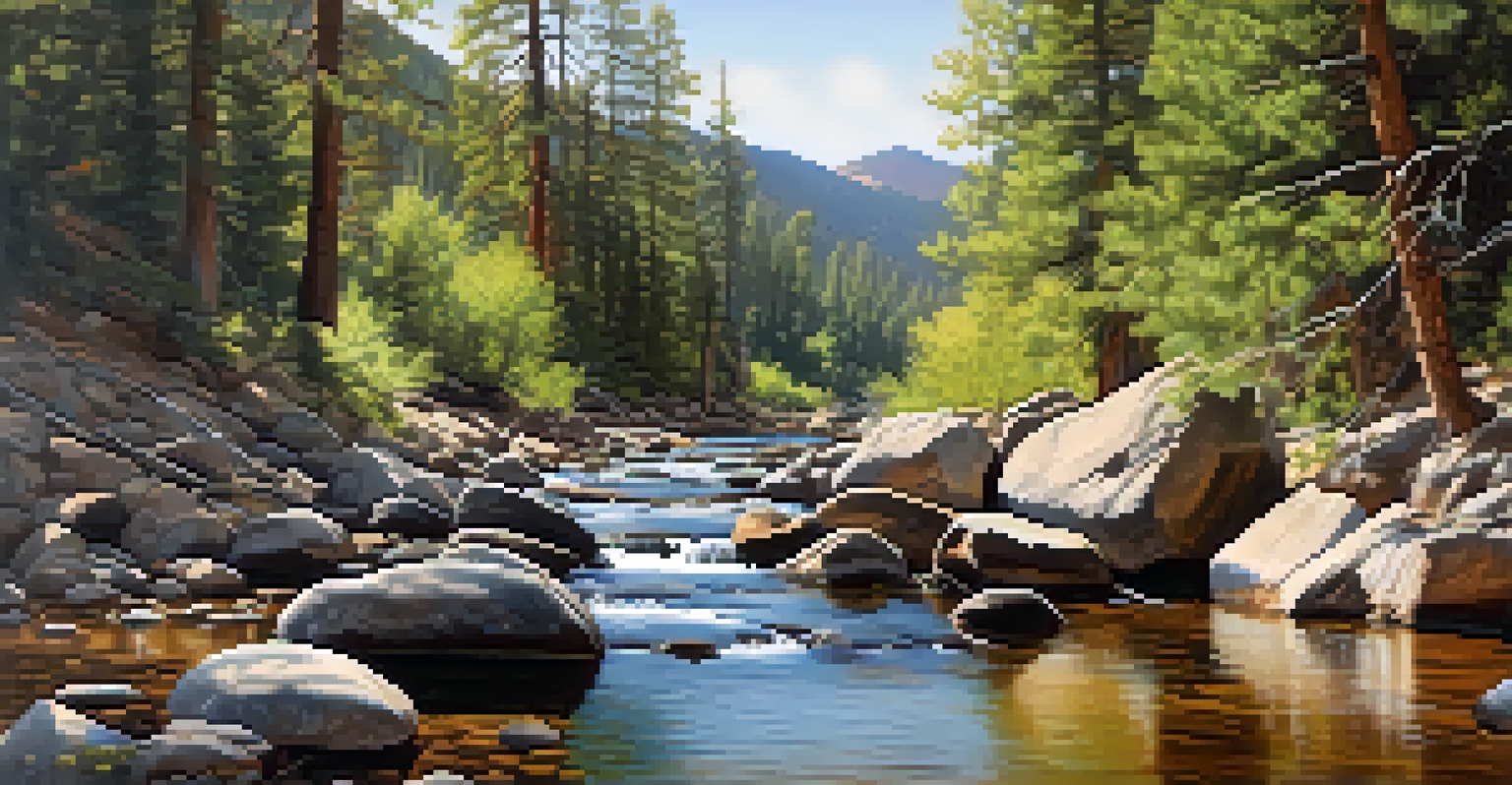 A tranquil view of Boulder Creek surrounded by rocks and trees, with sunlight filtering through the leaves.