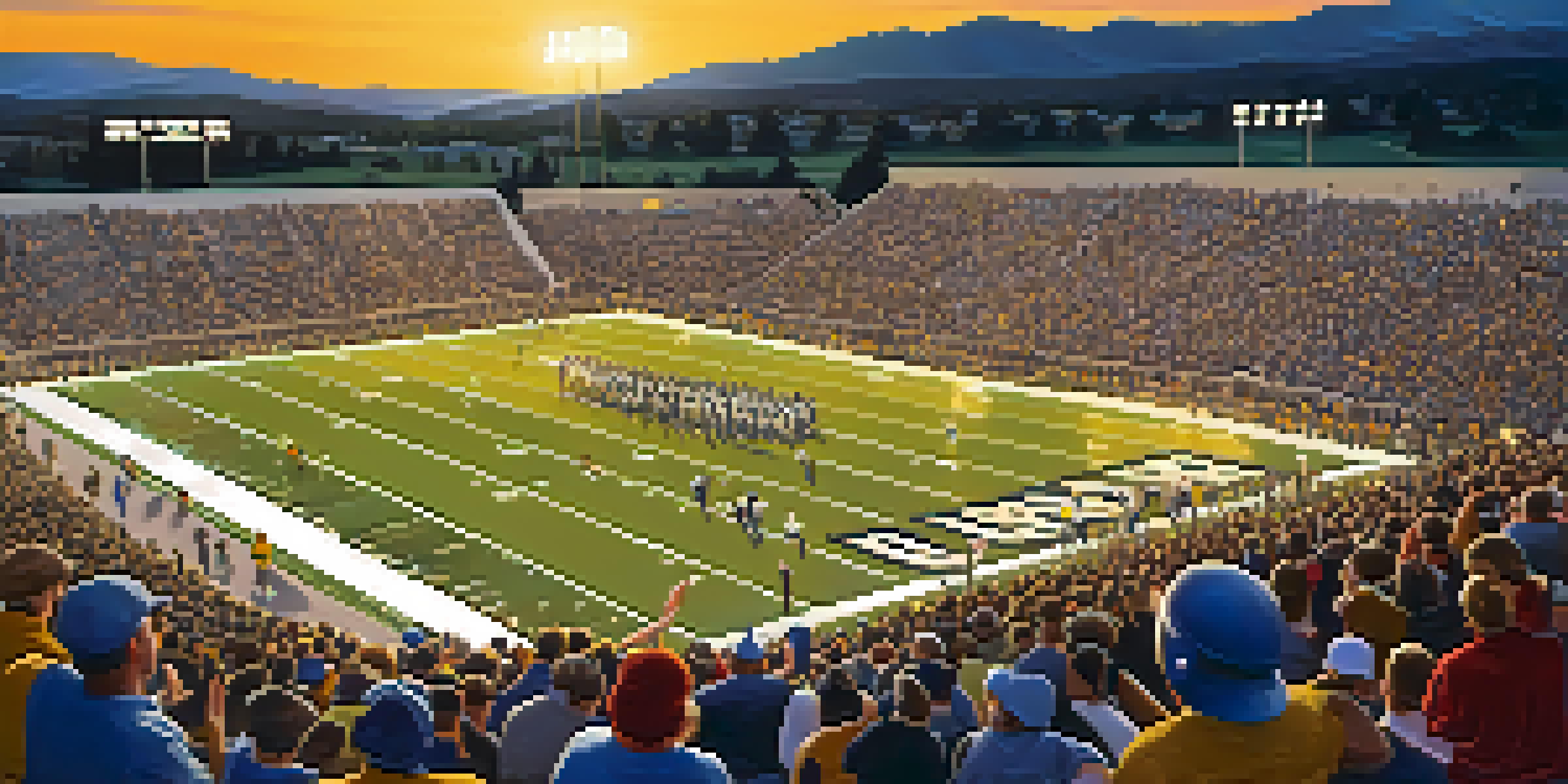 A lively high school football game with a cheering crowd in team colors, players in action, and a sunset in the background.