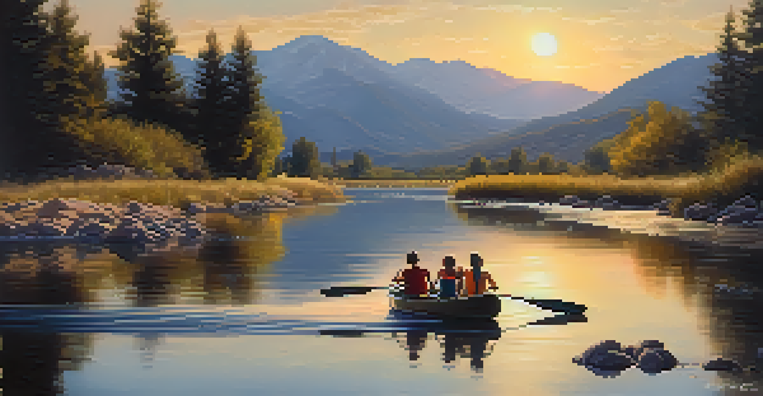 A family floating on the Clear Creek with mountains in the background during sunset, creating a warm atmosphere.