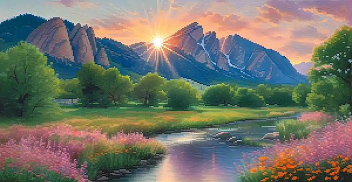 A picturesque sunset over the Flatirons in Boulder, Colorado, with volunteers cleaning a creek surrounded by wildflowers.
