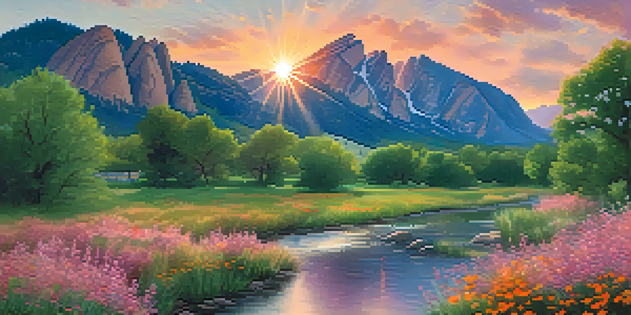 A picturesque sunset over the Flatirons in Boulder, Colorado, with volunteers cleaning a creek surrounded by wildflowers.