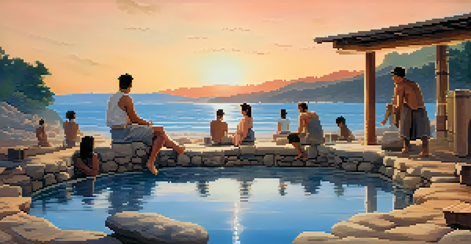 A rustic hot spring at sunset with friends enjoying the warm water and a cozy atmosphere.
