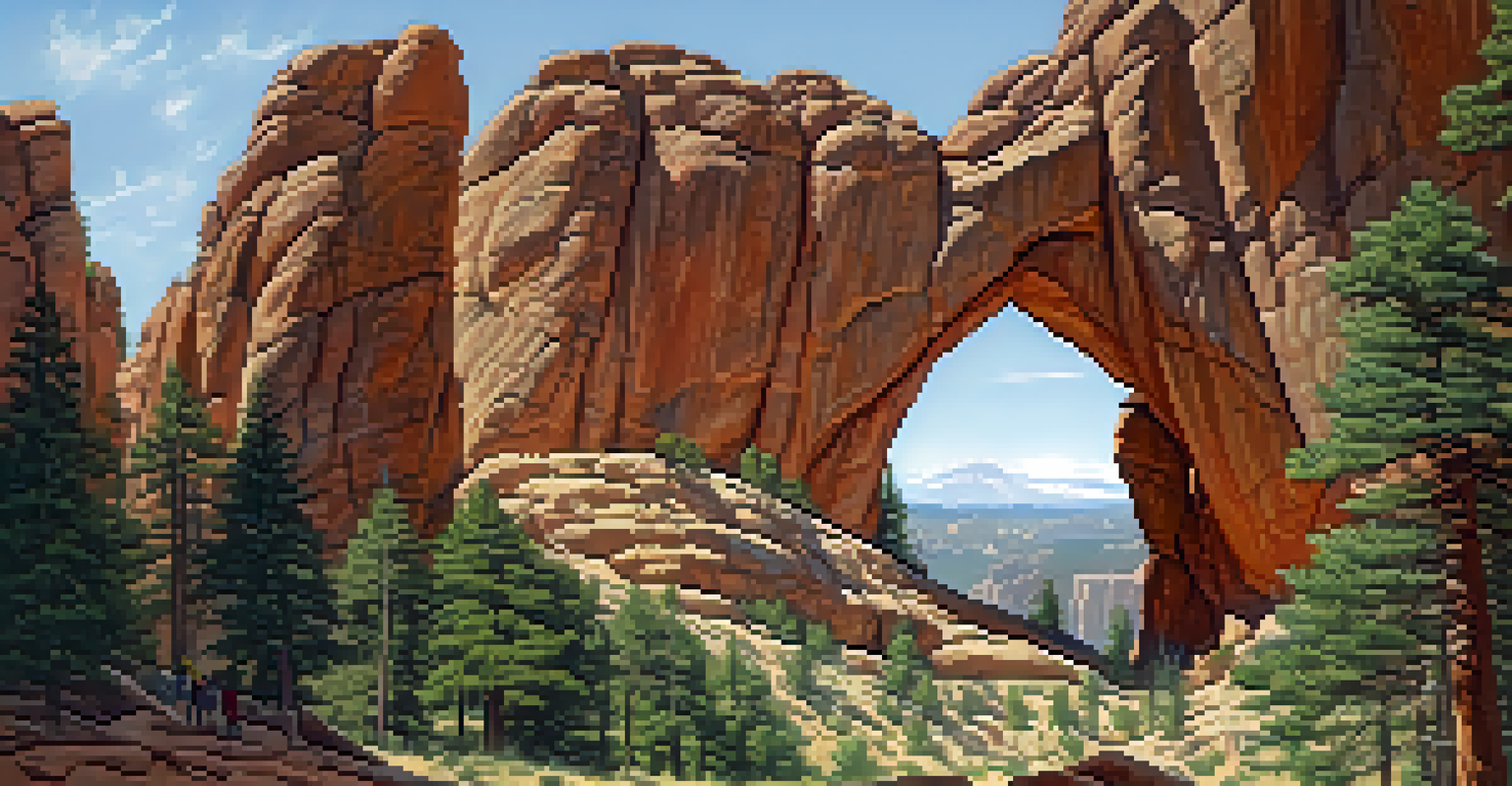Hikers at the base of the Royal Arch rock formation surrounded by pine forests, capturing the stunning views.